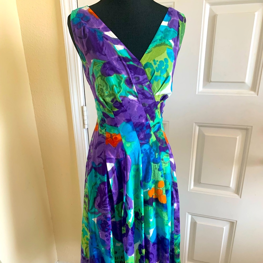 Jones New York Green Teal And Purple Fit And Flare Dress Size 6 Petites NEW